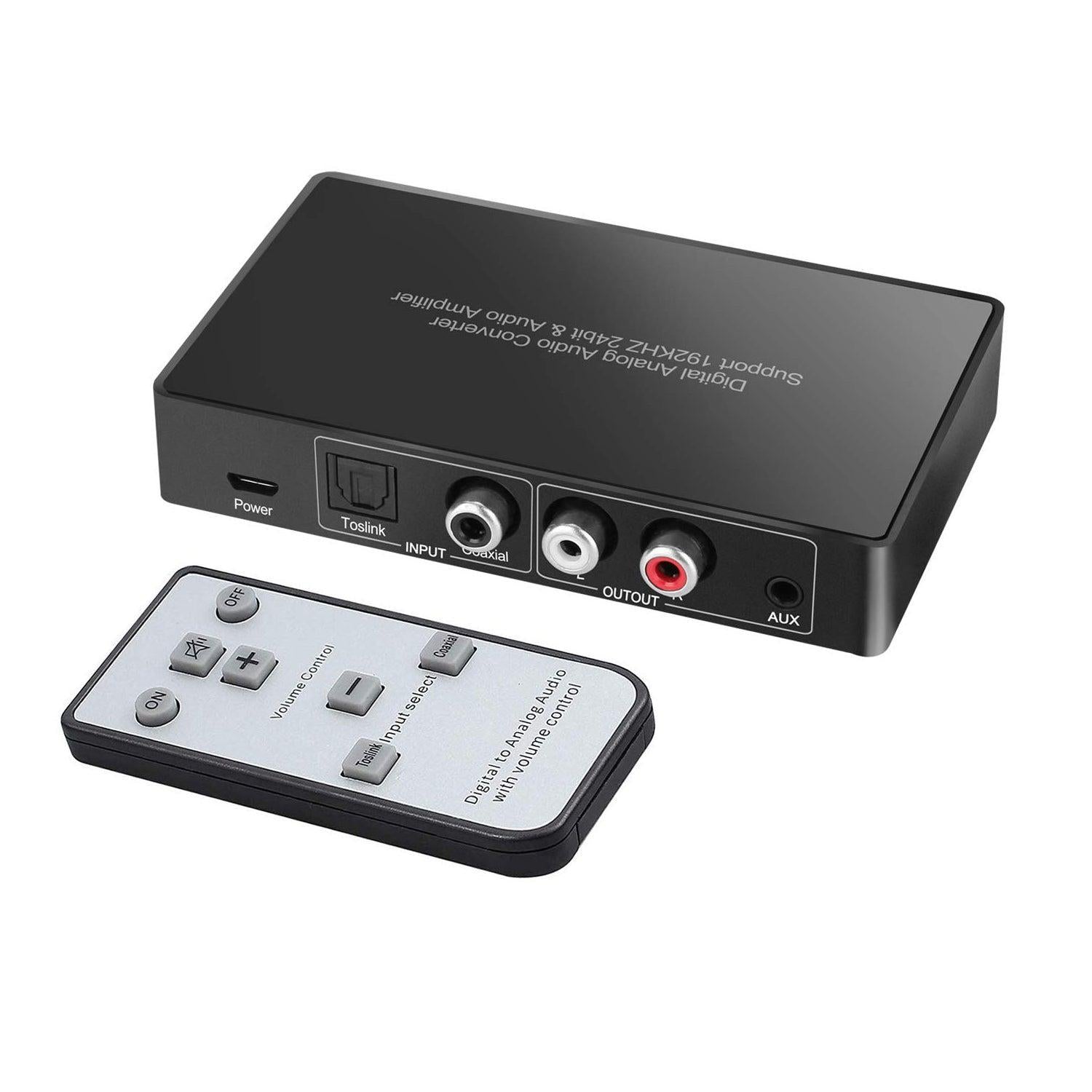 NÖRDIC audiomuunnin digitaalisesta analogiseen Mini DAC, Toslink ja koaksiaali, RCA L/R -ääni ja 3,5 mm AUX-lähtö, kaukosäädin D/A-muuntimelle