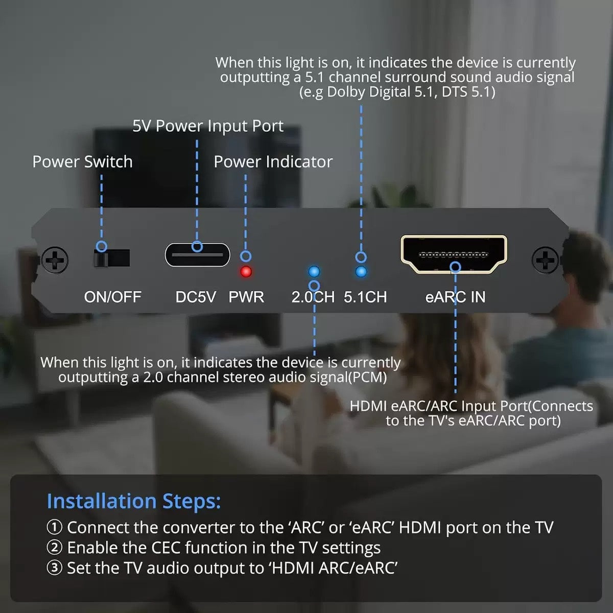 NÖRDIC HDMI eARC/ARC optiseen ja RCA-äänimuuntimeen, tukee 5.1/2.0-kanavaista ääntä CEC