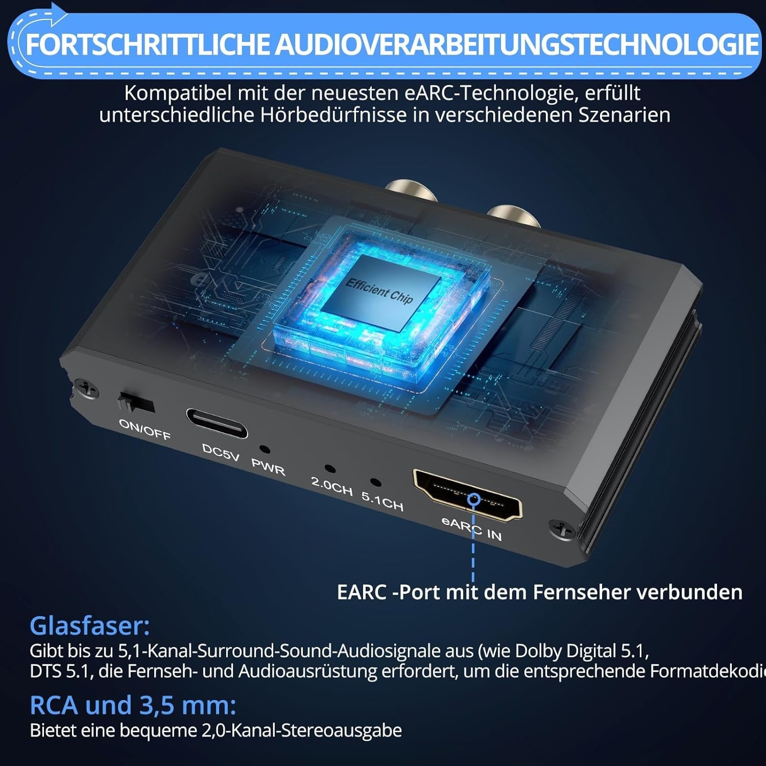 NÖRDIC HDMI eARC/ARC optiseen ja RCA-äänimuuntimeen, tukee 5.1/2.0-kanavaista ääntä CEC