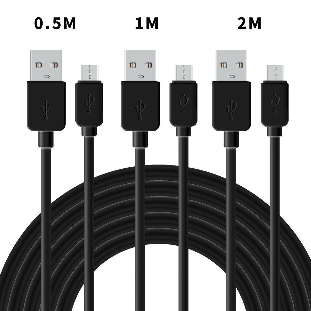 NÖRDIC kaapelisarja 3 kpl, 0,5 m+1 m+2 mm USB A 2.0–Micro B, 480 Mb/s, 2,4 A, musta, Anfroid matkapuhelimiin ja tabletteihin