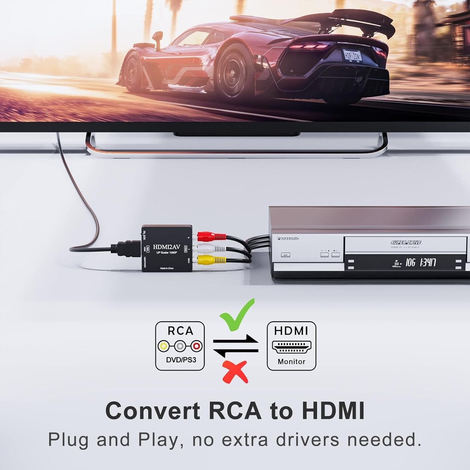 NÖRDIC komposiittivideo AV–HDMI-sovitin 3x RCA AV ja CVBS-muunnin 1080p 60 Hz, PAL ja NTSC