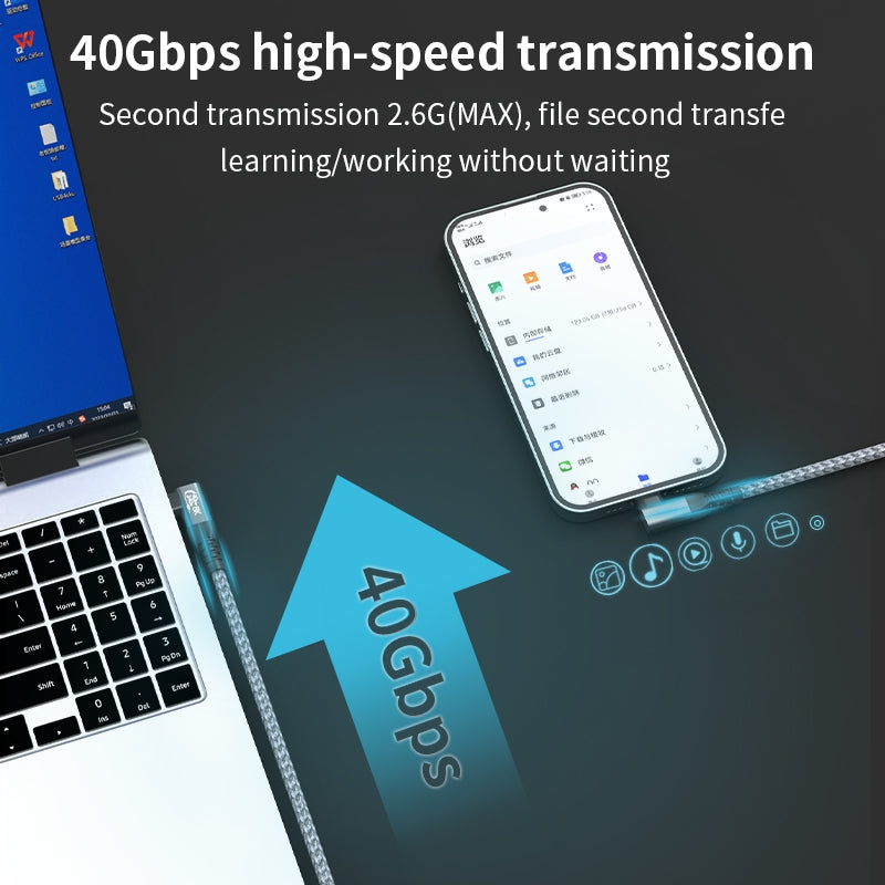 NÖRDIC kulmikas 2 m USB4 USB-C - C Nylon punottu kaapeli PD3.1 240W 40G 8K60Hz 4K144Hz harmaa