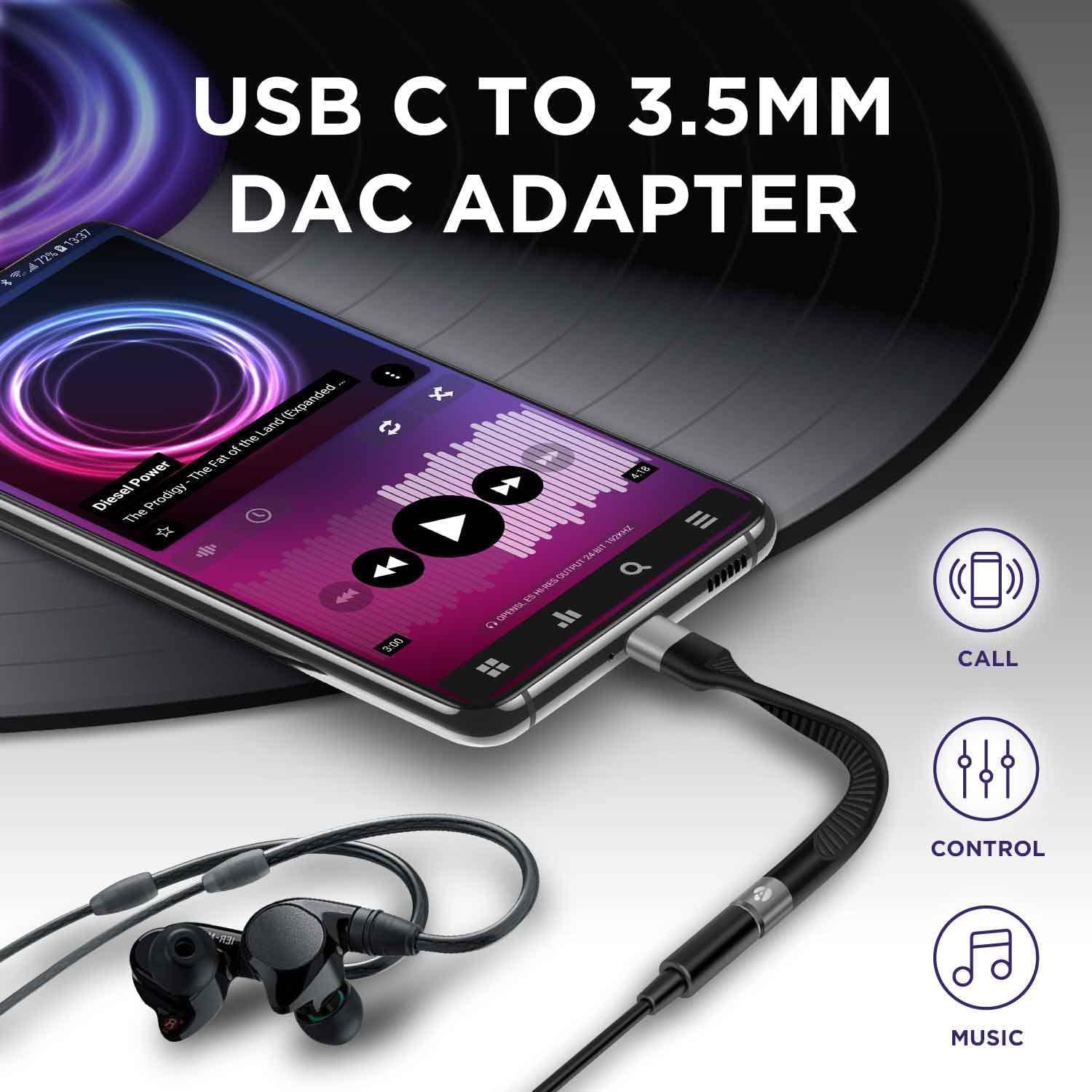 NÖRDIC lyhyt litteä kaapeli 14 cm USB-C - 3,5 mm äänisovitin DAC USB-C kuulokesovitin