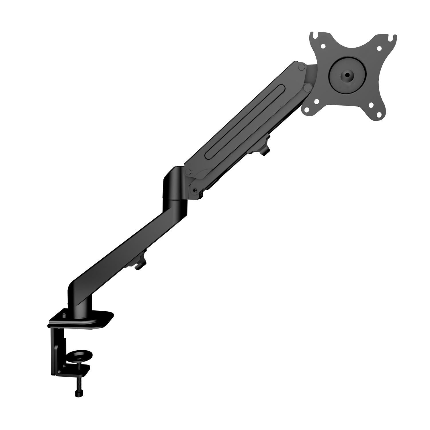 NÖRDIC monitorivarren pöytäkiinnike, kaasujousi, yhdelle näytölle, 17"–27", alumiini ja teräs, musta, näyttökiinnike