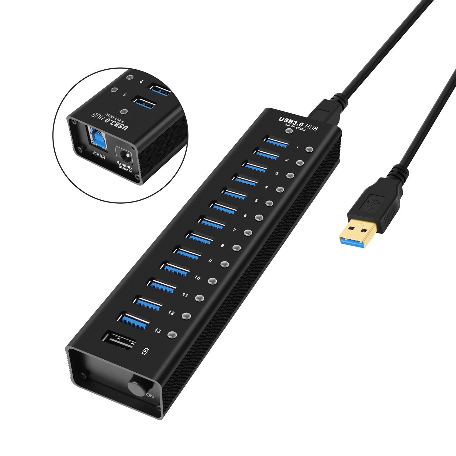 NÖRDIC-virralla toimiva 14-porttinen USB 3.0 HUB erillisellä kytkimellä 5Gbps 1,2mm kaapeli alumiinimusta virtalähteellä