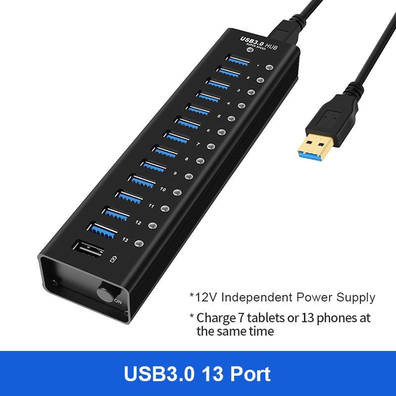 NÖRDIC-virralla toimiva 14-porttinen USB 3.0 HUB erillisellä kytkimellä 5Gbps 1,2mm kaapeli alumiinimusta virtalähteellä