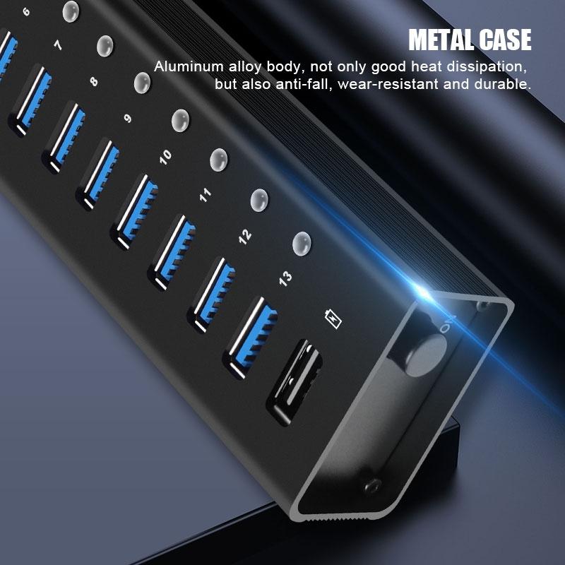 NÖRDIC-virralla toimiva 14-porttinen USB 3.0 HUB 5Gbps 1,2mm kaapeli alumiinimusta virtalähteellä