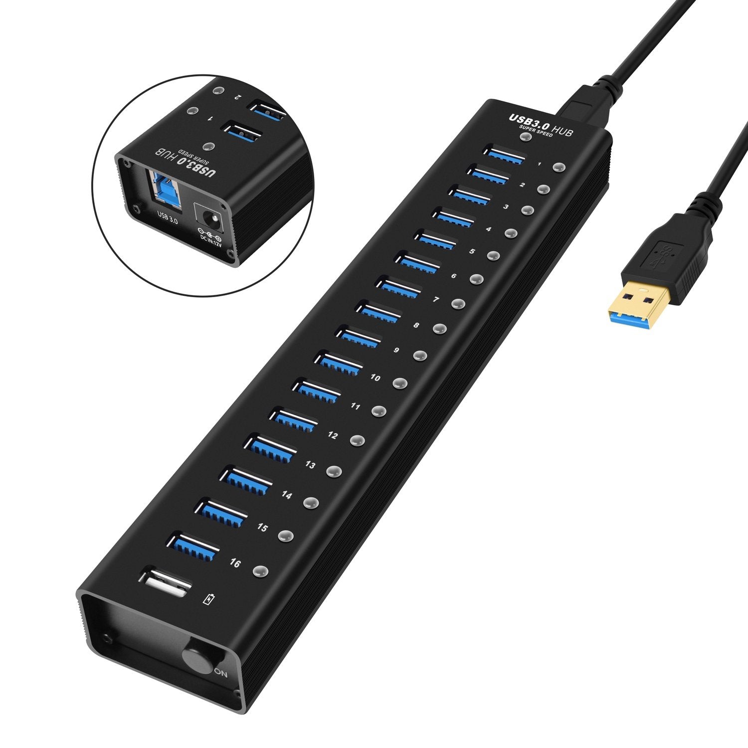 NÖRDIC-virtalähteellä varustettu 17-porttinen USB 3.0 HUB erillisellä kytkimellä 5Gbps 1,2 mm kaapeli alumiinimusta virtalähteellä