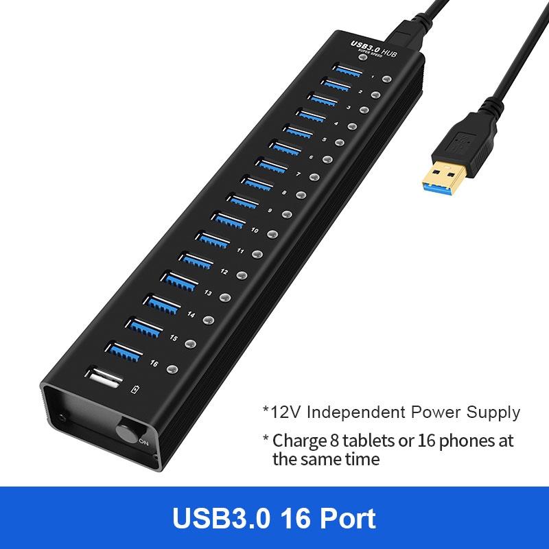 NÖRDIC-virtalähteellä varustettu 17-porttinen USB 3.0 HUB erillisellä kytkimellä 5Gbps 1,2 mm kaapeli alumiinimusta virtalähteellä