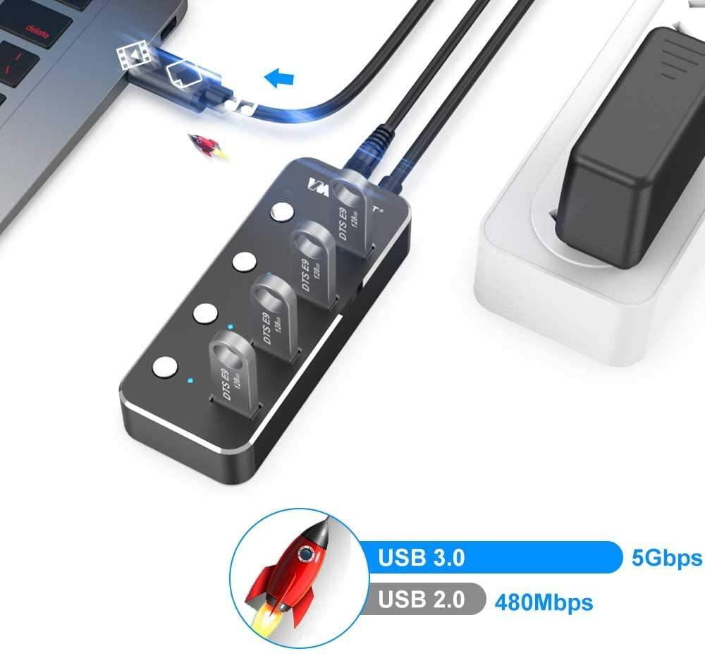 NÖRDIC-virtalähde 4-porttinen hub USB 3.0 5Gbps yksittäisellä kytkimellä 25cm kaapeli alumiinimusta virtalähteellä