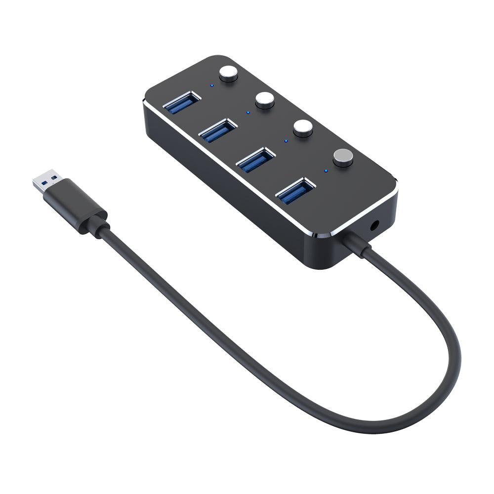 NÖRDIC-virtalähde 4-porttinen hub USB 3.0 5Gbps yksittäisellä kytkimellä 25cm kaapeli alumiinimusta virtalähteellä