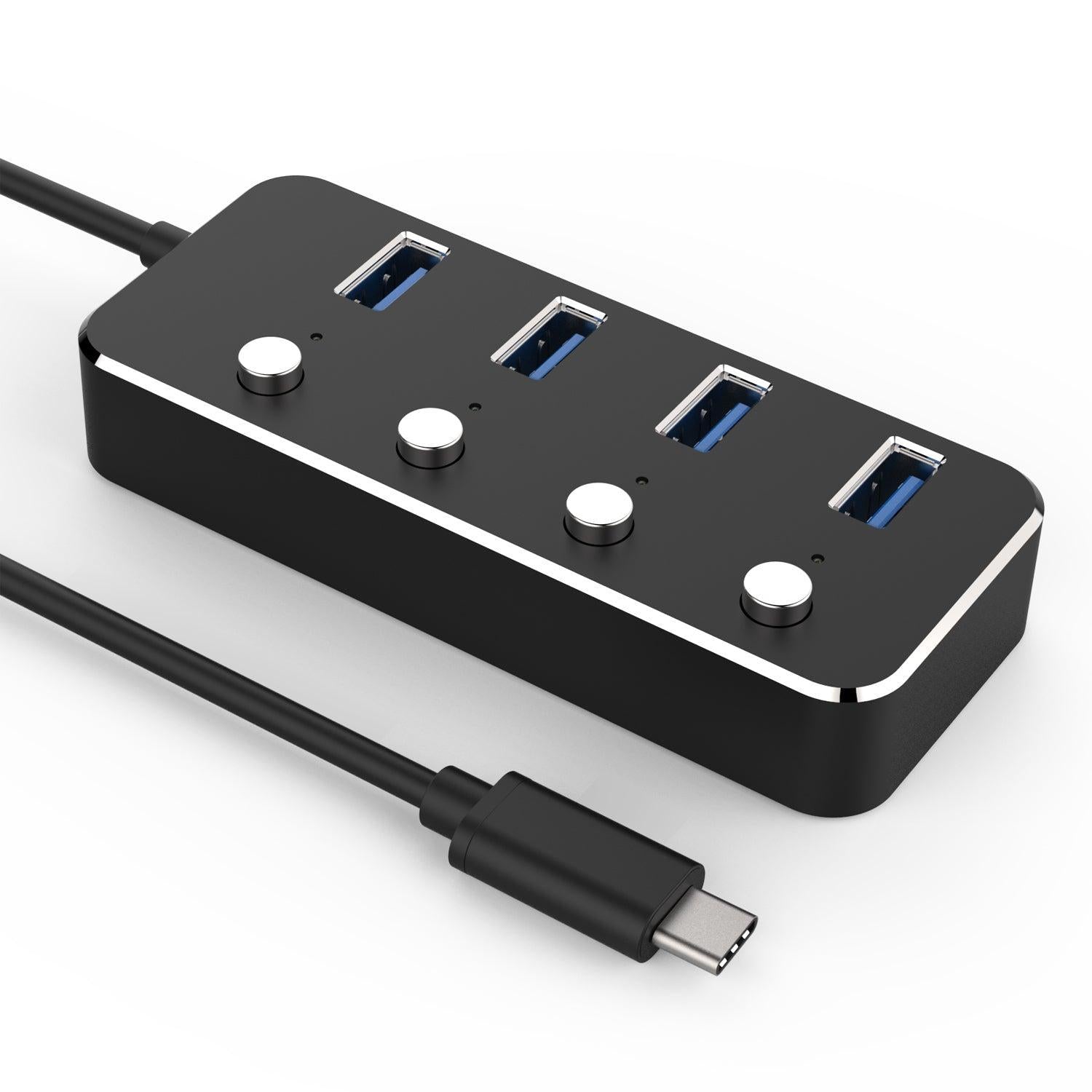 NÖRDIC-virtalähde 4-porttinen hub USB-C 3.0 5Gbps yksittäisellä kytkimellä 25cm kaapeli alumiinimusta virtalähteellä