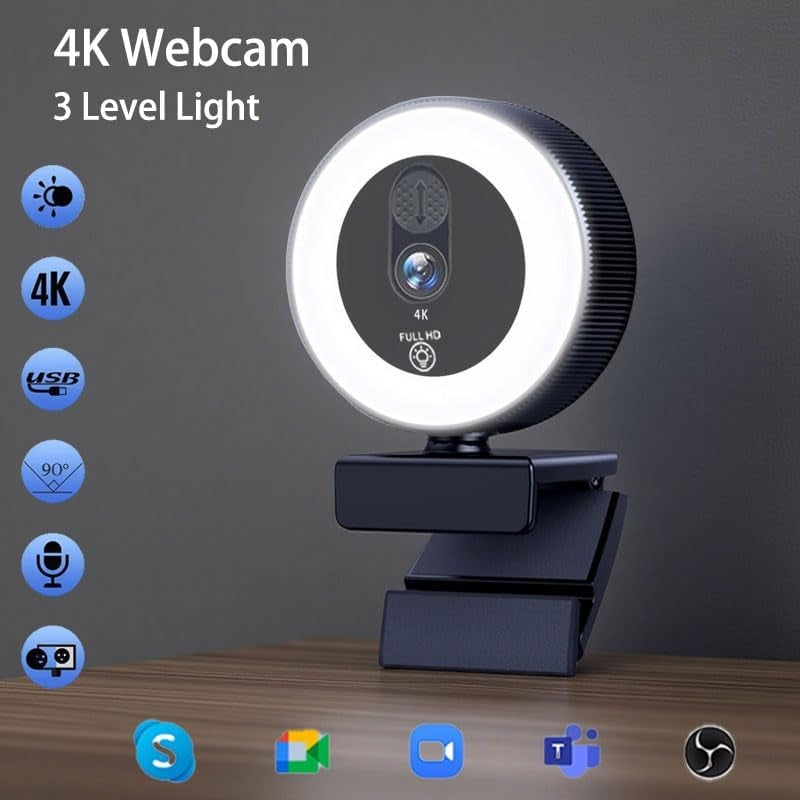NÖRDIC HD 4K -verkkokamera PC:lle ja kannettavalle tietokoneelle, 360° säädettävä automaattitarkennuksella, 3-värinen kosketusvalaistus videopuheluihin, suoratoistoon ja etätyöhön