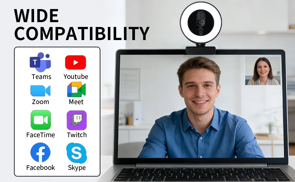 NÖRDIC HD 4K -verkkokamera PC:lle ja kannettavalle tietokoneelle, 360° säädettävä automaattitarkennuksella, 3-värinen kosketusvalaistus videopuheluihin, suoratoistoon ja etätyöhön