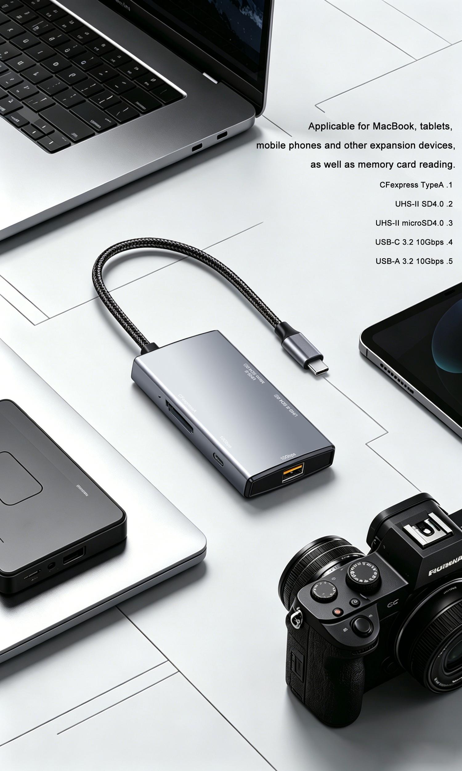 NÖRDIC USB-C 3.2 -kortinlukija, 1x SD 4.0, 1x MicroSD 4.0, 1x CFexpress Type A, 1x USB-C 3.2 10 Gbps, 1x USB-A 3.2 10 Gbps, UHS-II