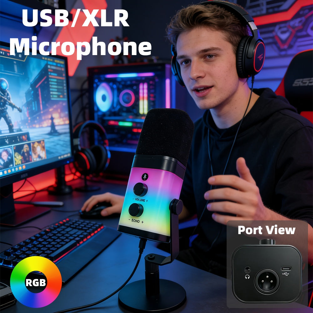 NÖRDIC Ammattimainen RGB-dynaaminen mikrofoni USB-C, XLR, 3,5mm