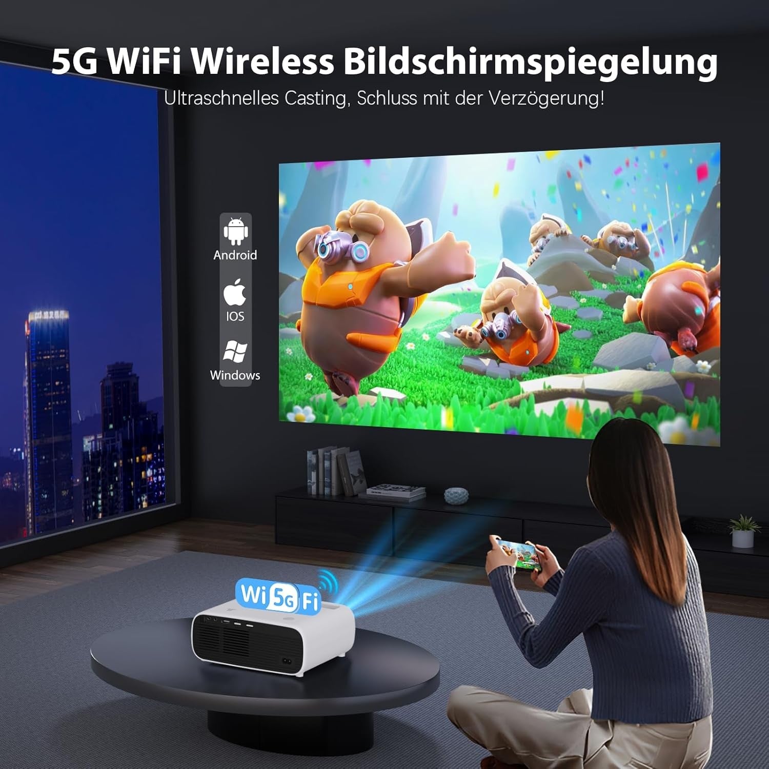 Projektori, jossa WiFi ja Bluetooth, 20 000 Lumen, 4K-tuki, Full HD 1080P -resoluutio, tukee Switchiä ja PS5:ttä