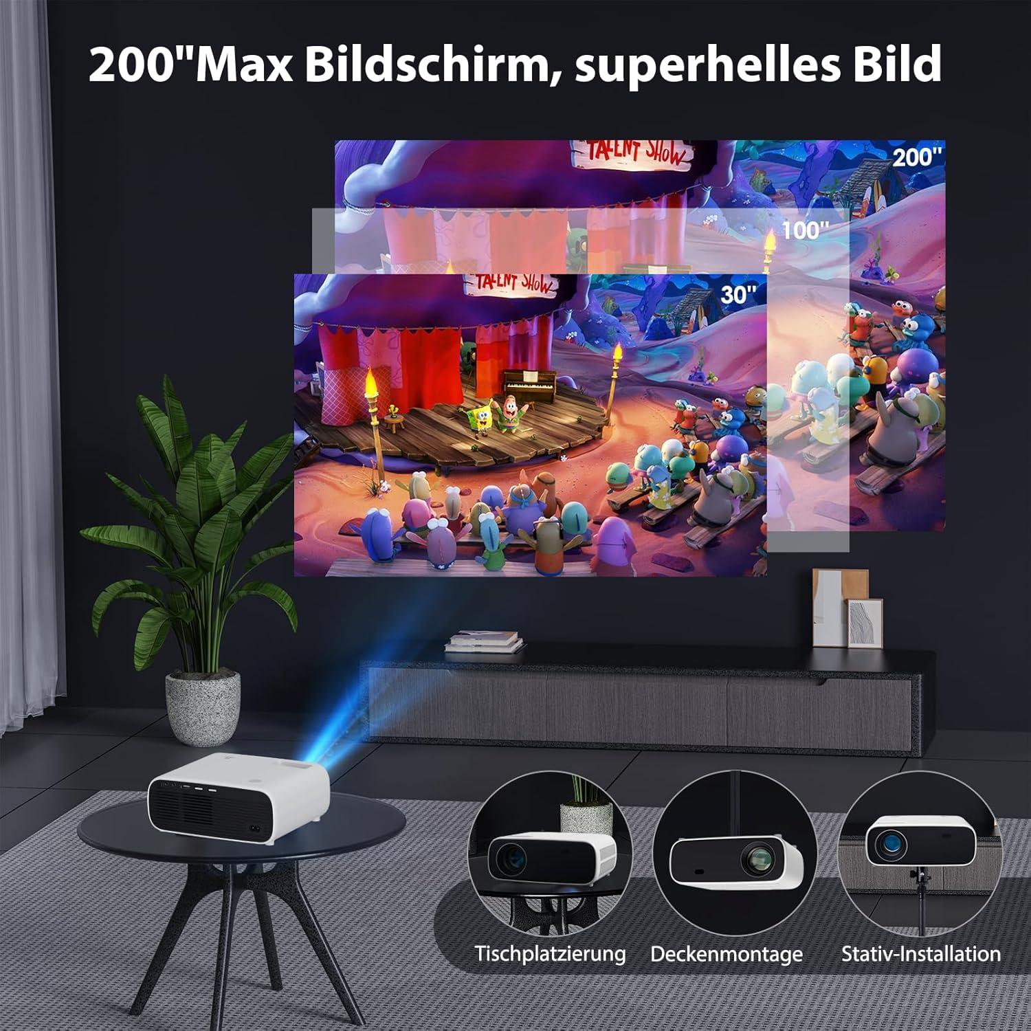 Projektori, jossa WiFi ja Bluetooth, 20 000 Lumen, 4K-tuki, Full HD 1080P -resoluutio, tukee Switchiä ja PS5:ttä