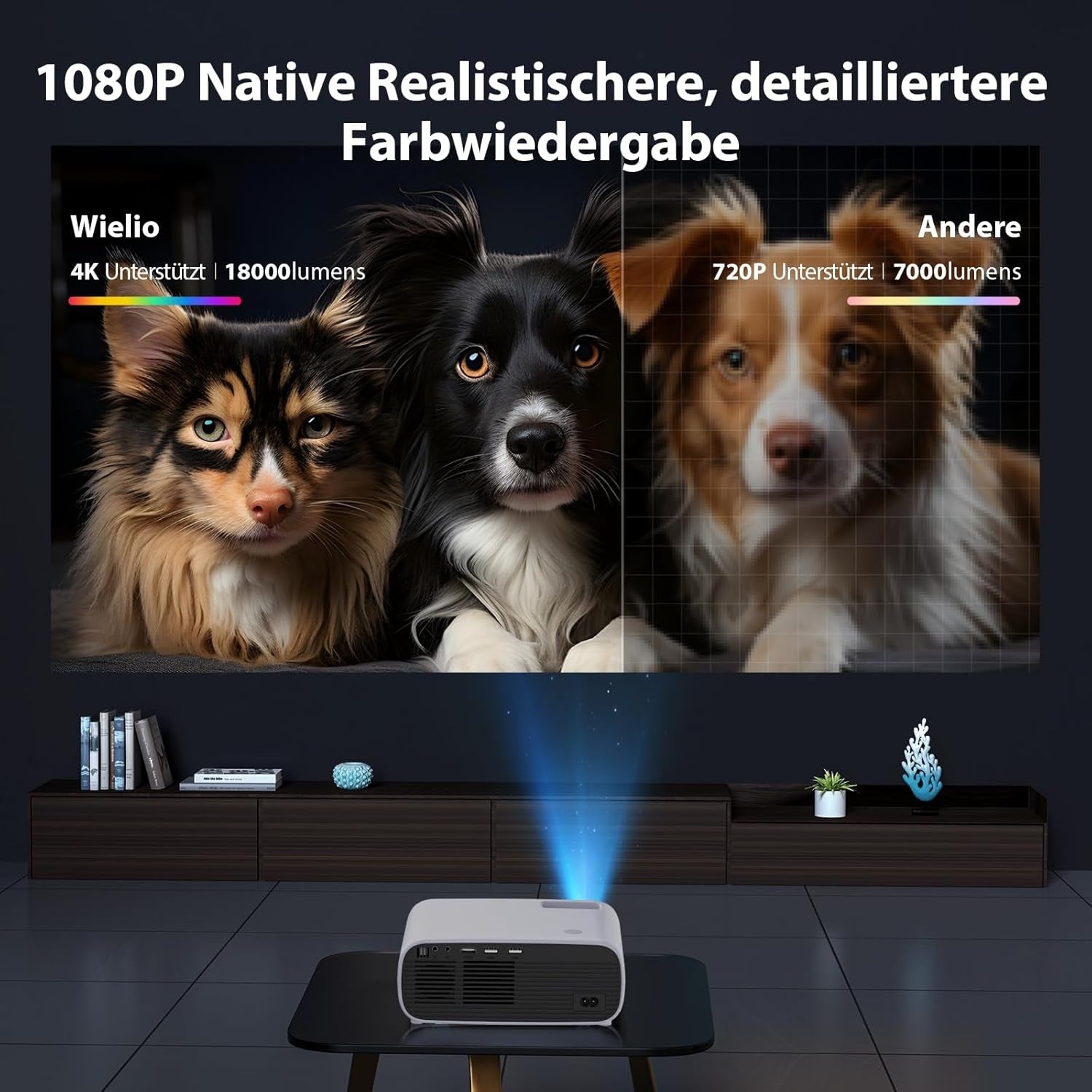 Projektori, jossa WiFi ja Bluetooth, 20 000 Lumen, 4K-tuki, Full HD 1080P -resoluutio, tukee Switchiä ja PS5:ttä