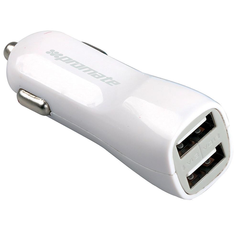Promate VIVID.WHITE -autolaturi kaksois-USB A-portit 5 V/2,4 A, yhteensä 3,1 A, musta, tulo 12–24 V DC, musta