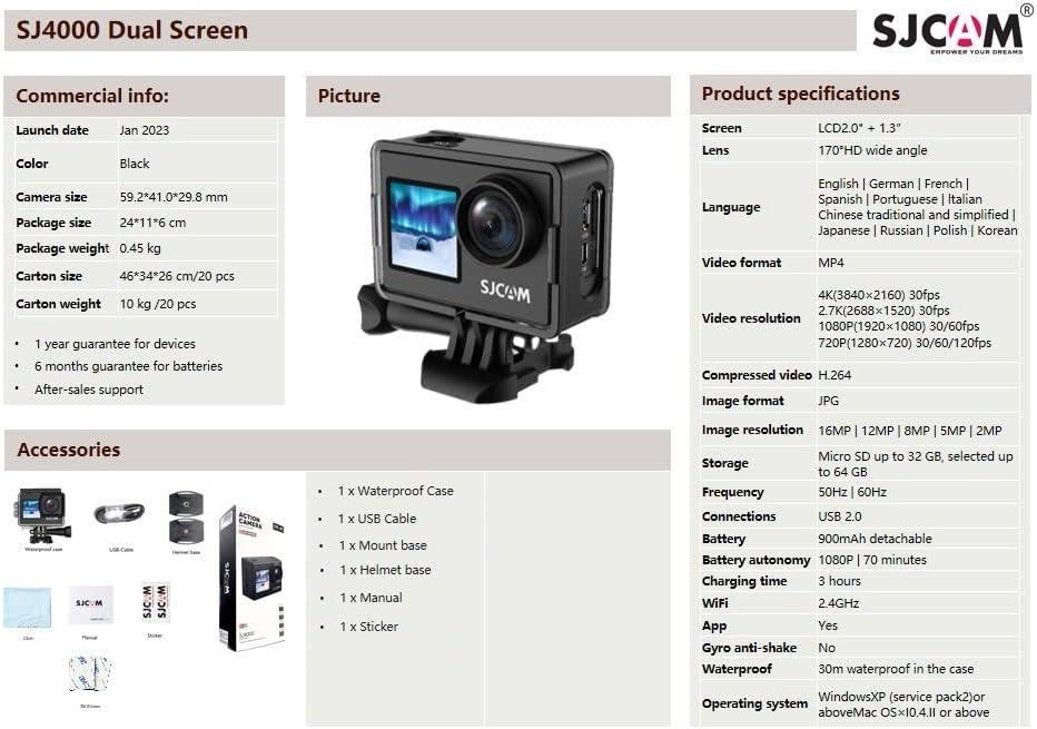 SJCAM SJ4000Dual Screen 4K 30fps Toimintakamera, Wifi, Kaksoisnäyttö, Vedenpitävä kuori. kannettava