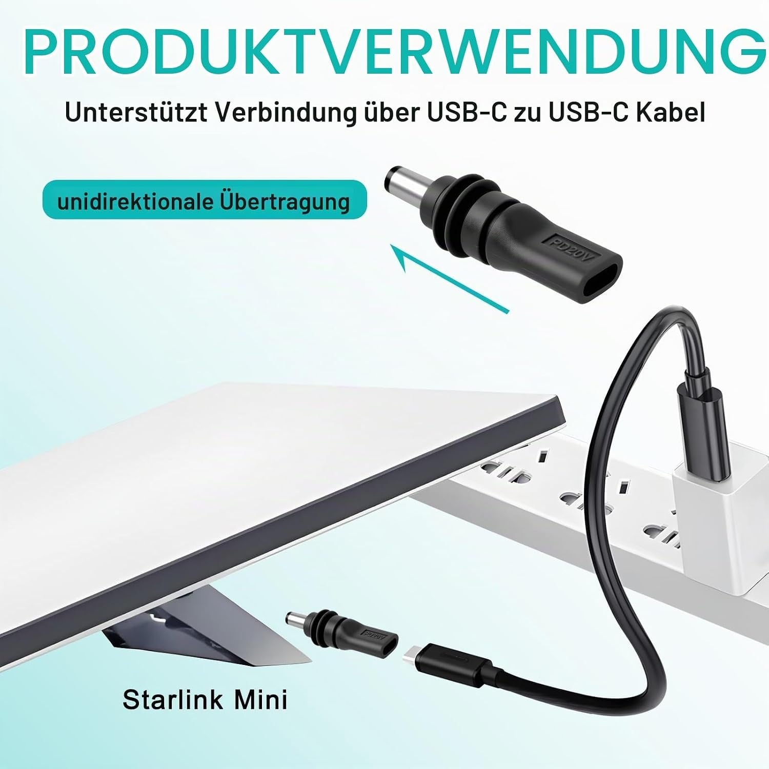 Starlink Mini -adapteri USB-C PD 100W naaras DC 5,5 × 2,1 mm, vedenkestävä