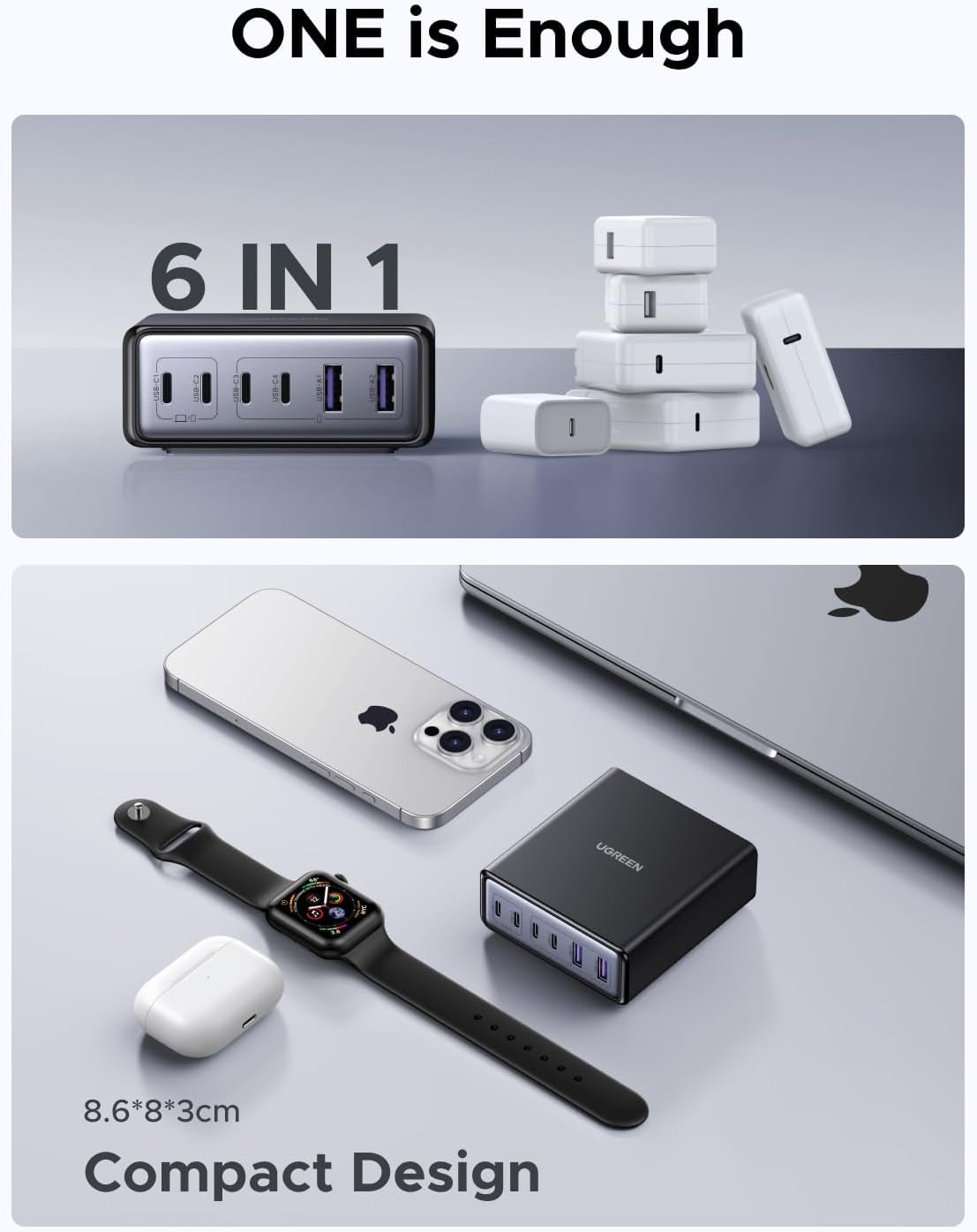 UGREEN 100W USB-C Latausasema, 6-porttinen GaN-pöytälaturi 4 USB-C:llä & 2 USB-A:lla, Älykäs Virtajako