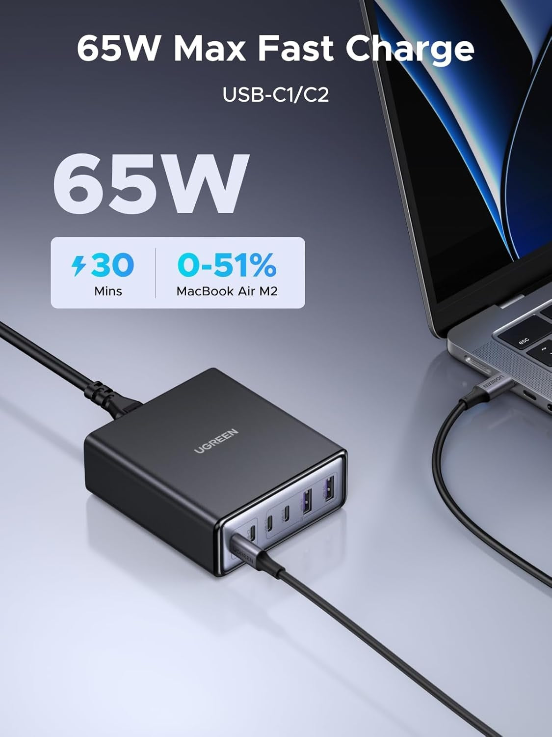 UGREEN 100W USB-C Latausasema, 6-porttinen GaN-pöytälaturi 4 USB-C:llä & 2 USB-A:lla, Älykäs Virtajako