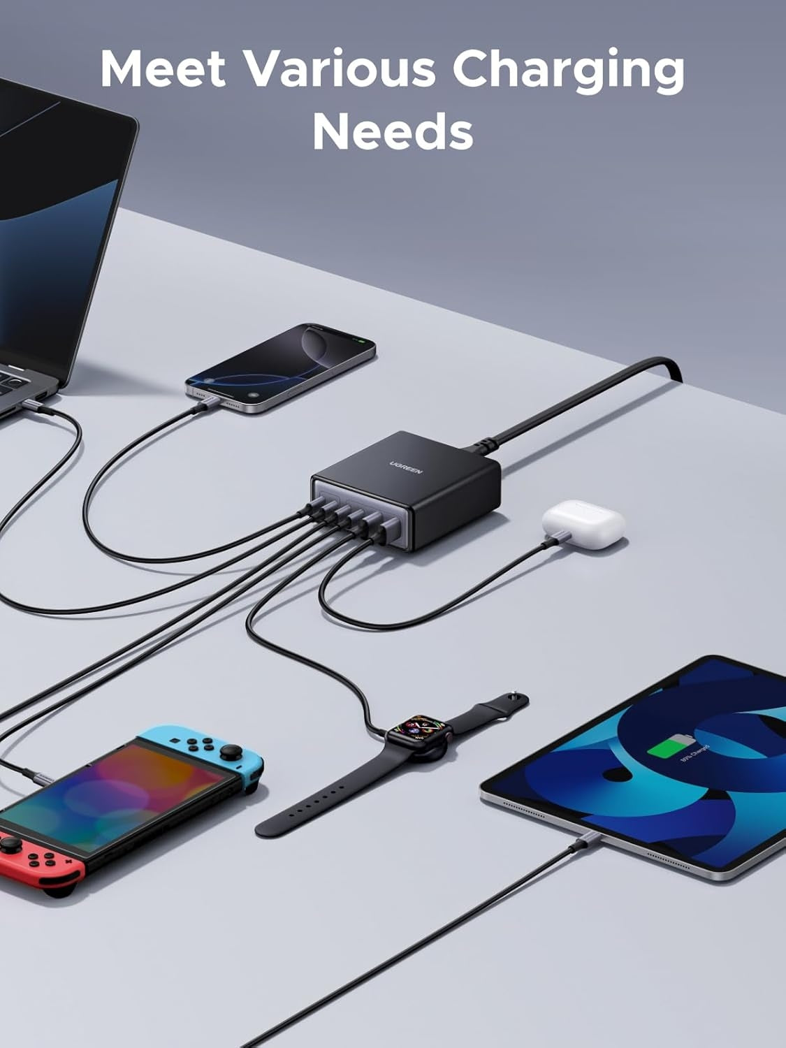 UGREEN 100W USB-C Latausasema, 6-porttinen GaN-pöytälaturi 4 USB-C:llä & 2 USB-A:lla, Älykäs Virtajako