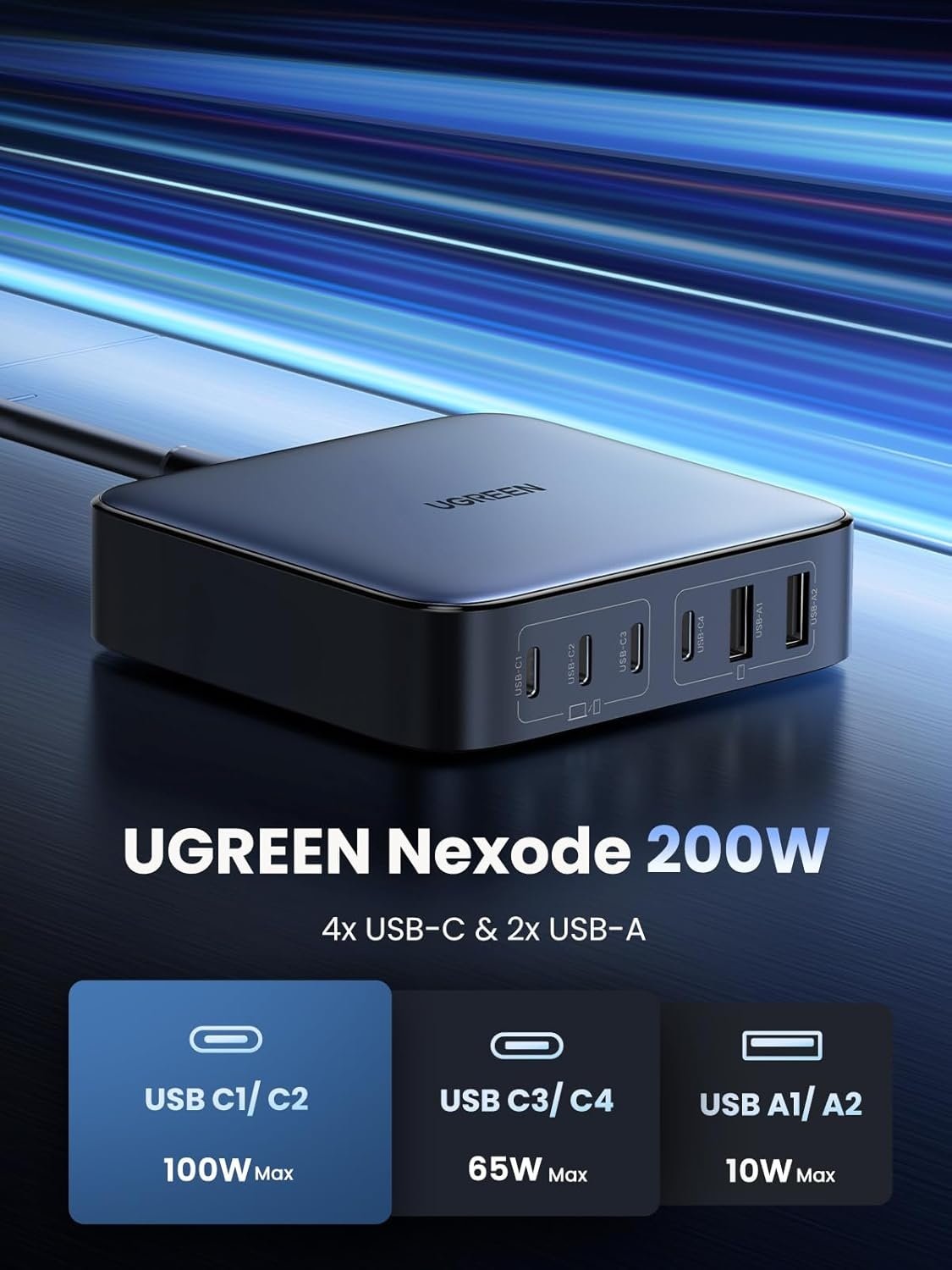 UGREEN 200 W USB-C laturi, Nexode 6-porttinen GaN pöytälaturi