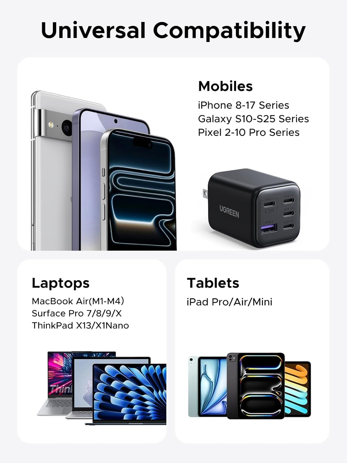 UGREEN 5-porttinen 45W USB-C GaN-pikalaturi, PD/PPS/QC ja 4 USB-C-porttia iPhone 17/16/15-, Galaxy S26/S25/S24/S23-, iPad- ja MacBook Neo/Air -laitteille
