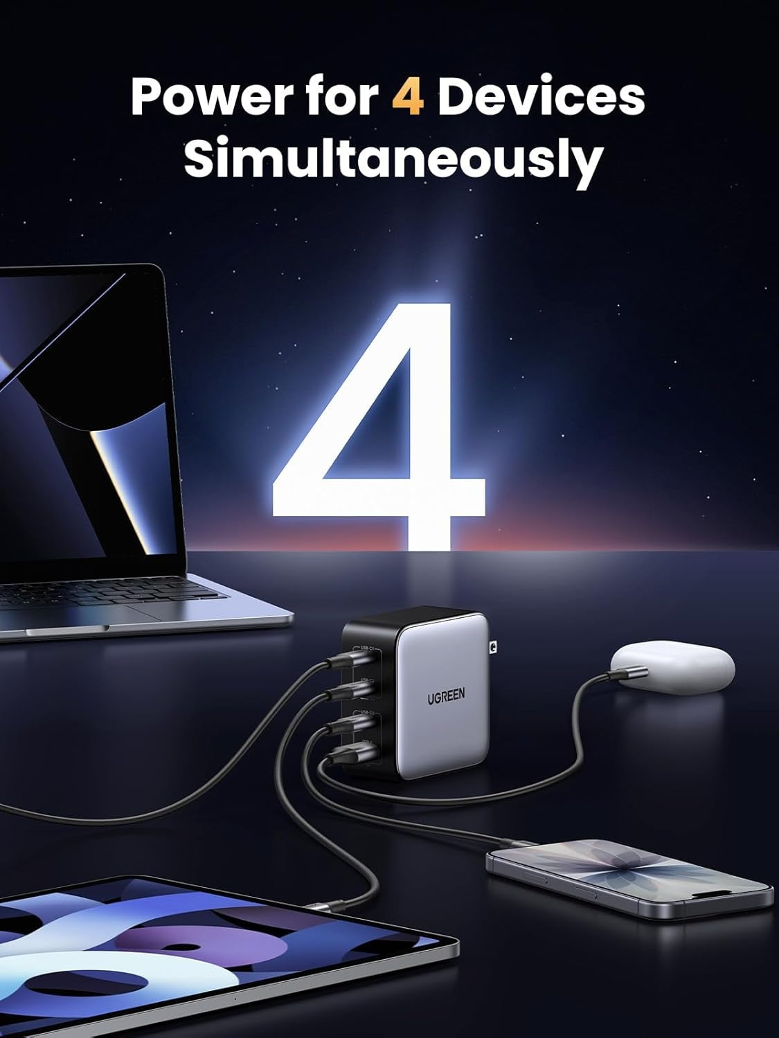 UGREEN Nexode 100W GaN USB-C 4-porttinen laturi, MacBook Pro/Air, iPad Pro, iPhone 17/16/15 -sarja, Galaxy S25/S24, Pixel 10/9, Steam Deck, Pixelbook