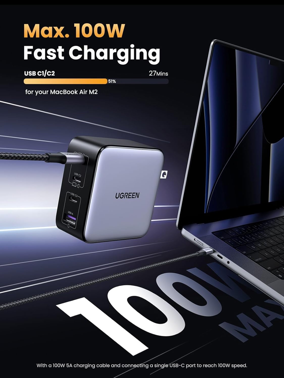 UGREEN Nexode 100W GaN USB-C 4-porttinen laturi, MacBook Pro/Air, iPad Pro, iPhone 17/16/15 -sarja, Galaxy S25/S24, Pixel 10/9, Steam Deck, Pixelbook