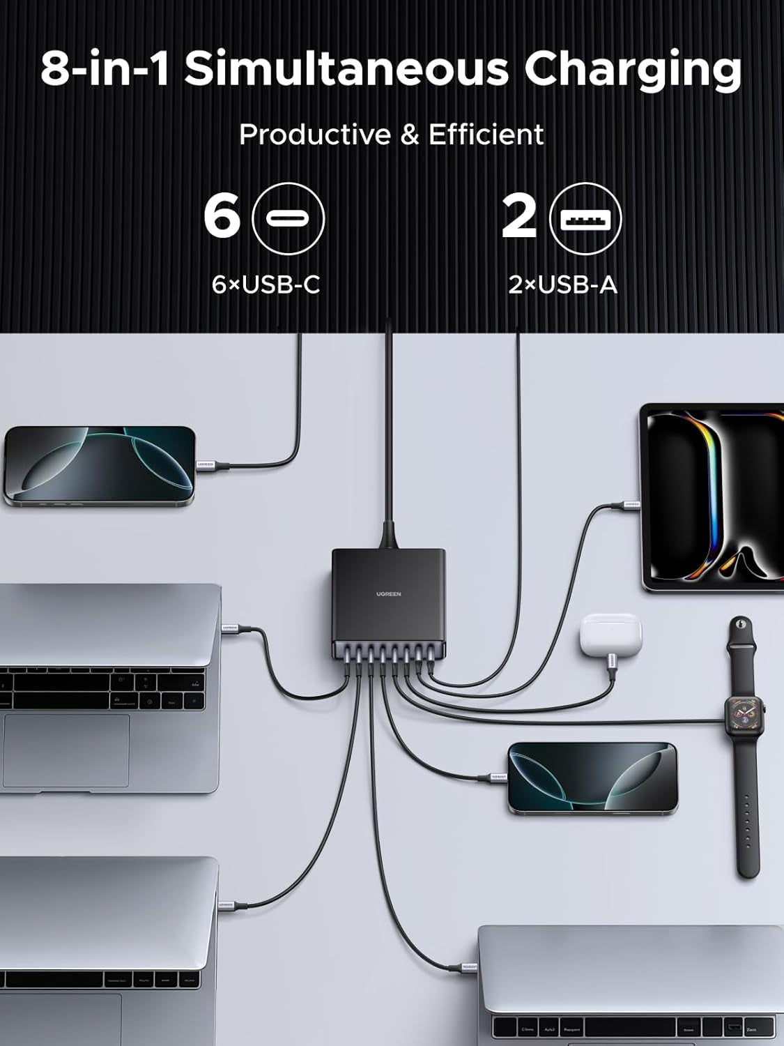 UGREEN Nexode 200W GaN USB C Latausasema, 8-Port Pöytälaturi PD 100W