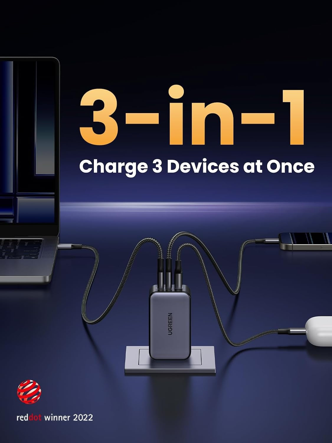 UGREEN Nexode 65W USB-C-laturi 3 portilla, 2xUSB-C + 1xUSB-A, PD, PPS ja GaN II