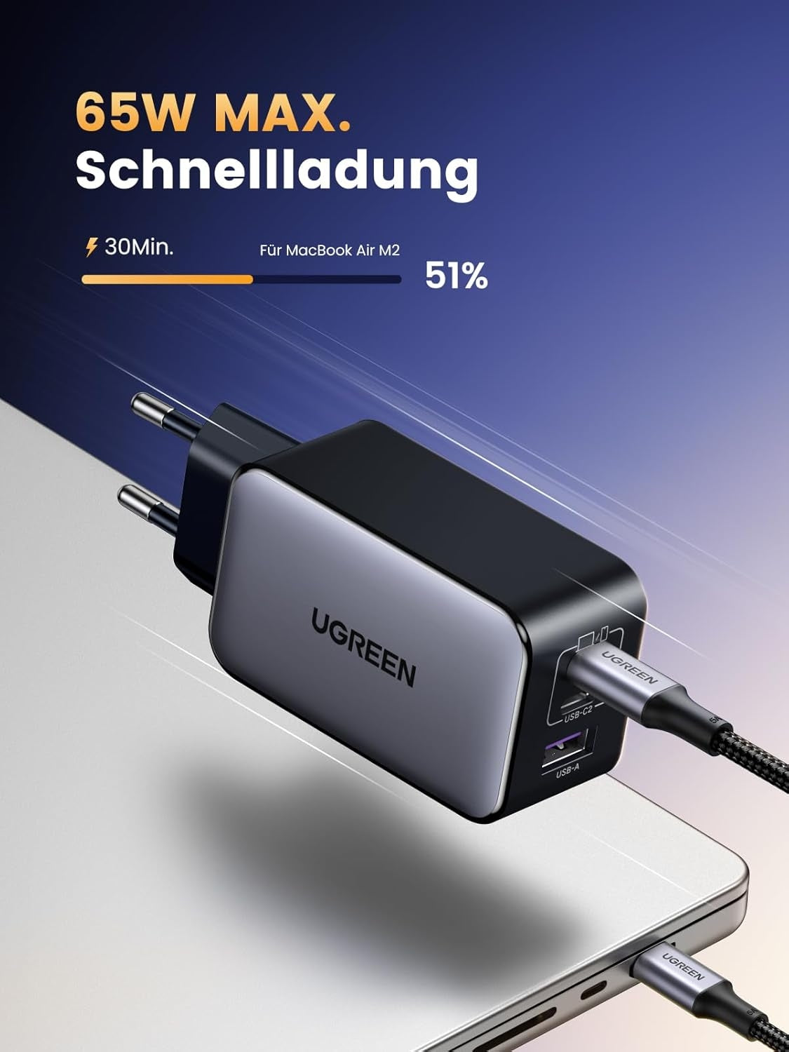 UGREEN Nexode 65W USB-C-laturi 3 portilla, 2xUSB-C + 1xUSB-A, PD, PPS ja GaN II