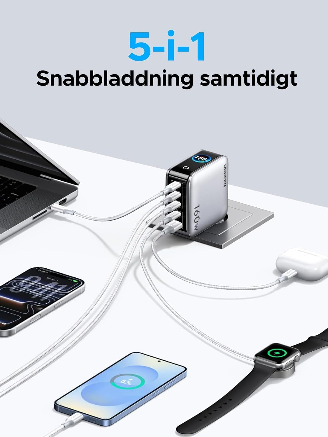 UGREEN Nexode Pro 160W USB-C-laturi, 5 porttia, 4xUSB-C + 1xUSB-A, älynäyttö ja kosketusohjaus