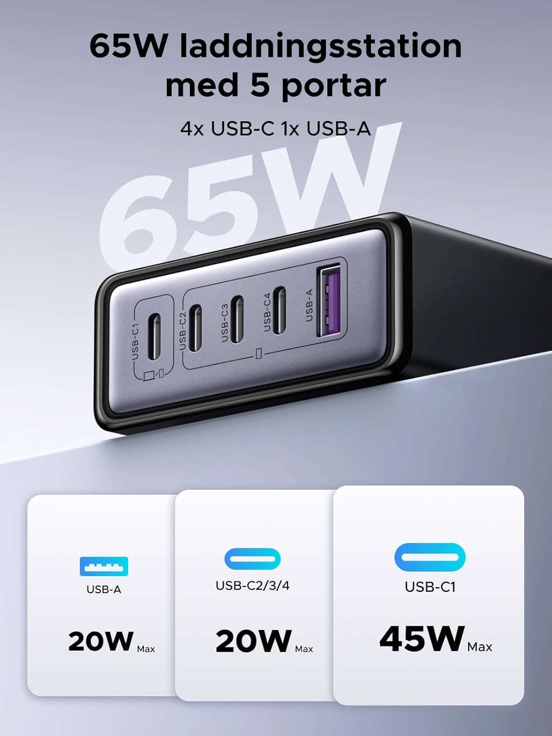 UGREEN USB-C Laturi 65 W GaN 5-porttinen pöytälaturi PPS-pikalatauksella