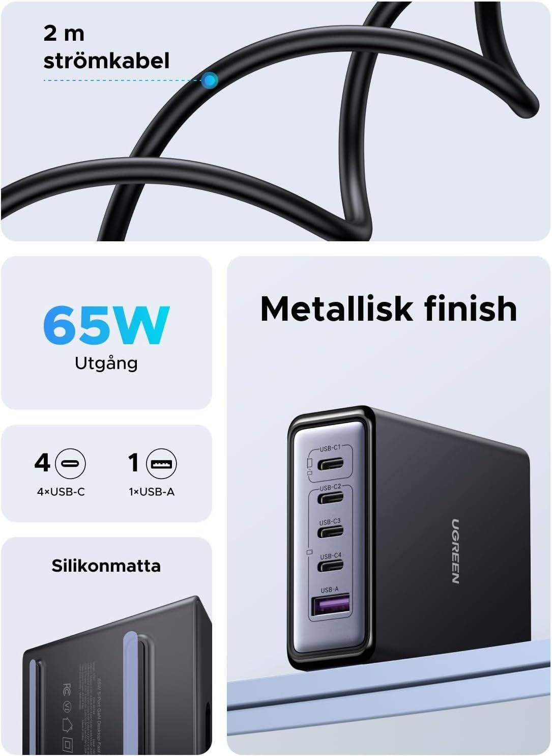 UGREEN USB-C Laturi 65 W GaN 5-porttinen pöytälaturi PPS-pikalatauksella