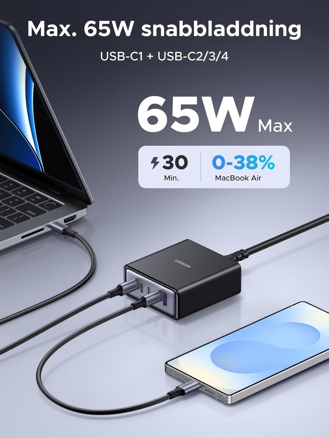 UGREEN USB-C Laturi 65 W GaN 5-porttinen pöytälaturi PPS-pikalatauksella