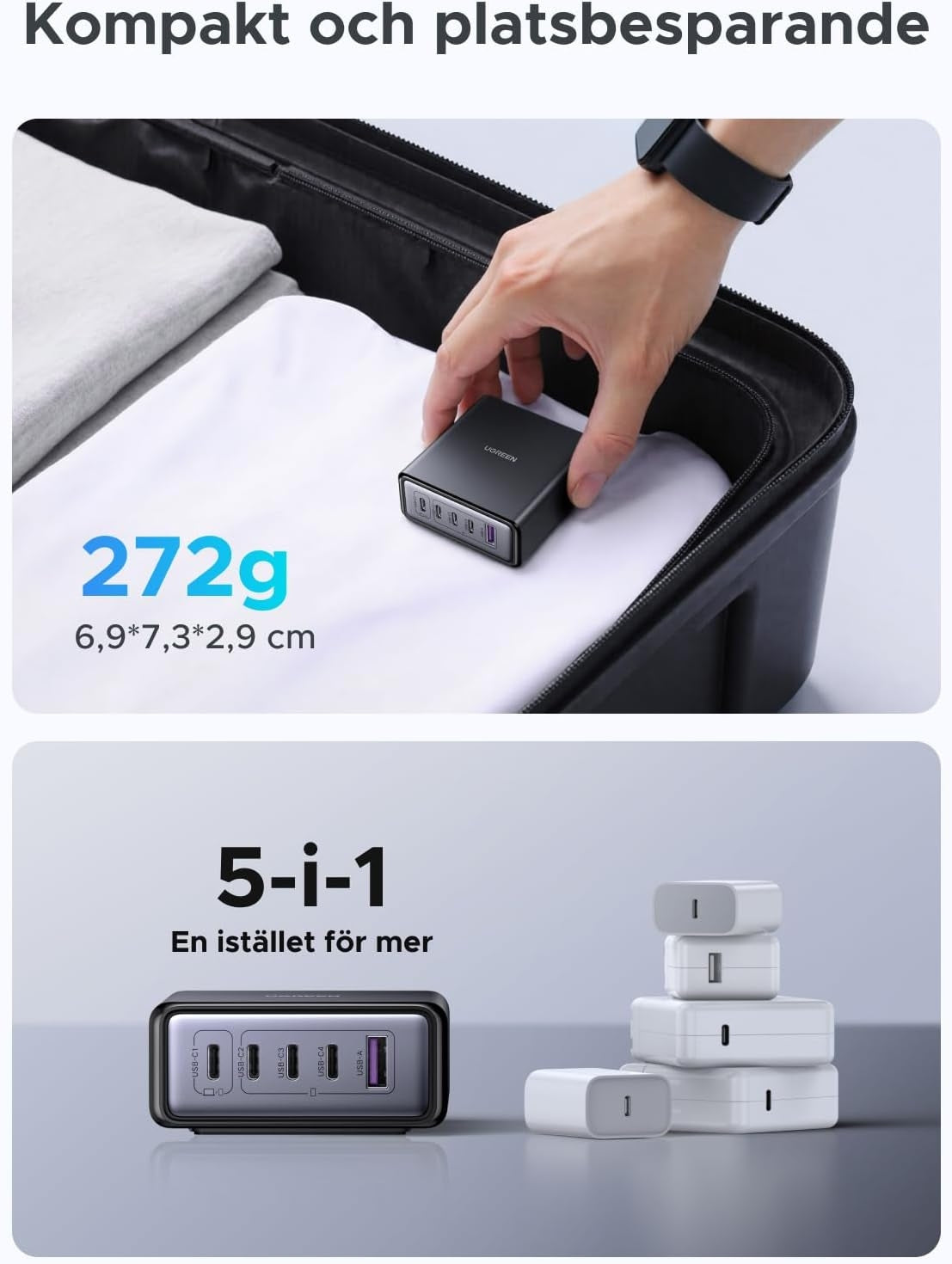 UGREEN USB-C Laturi 65 W GaN 5-porttinen pöytälaturi PPS-pikalatauksella