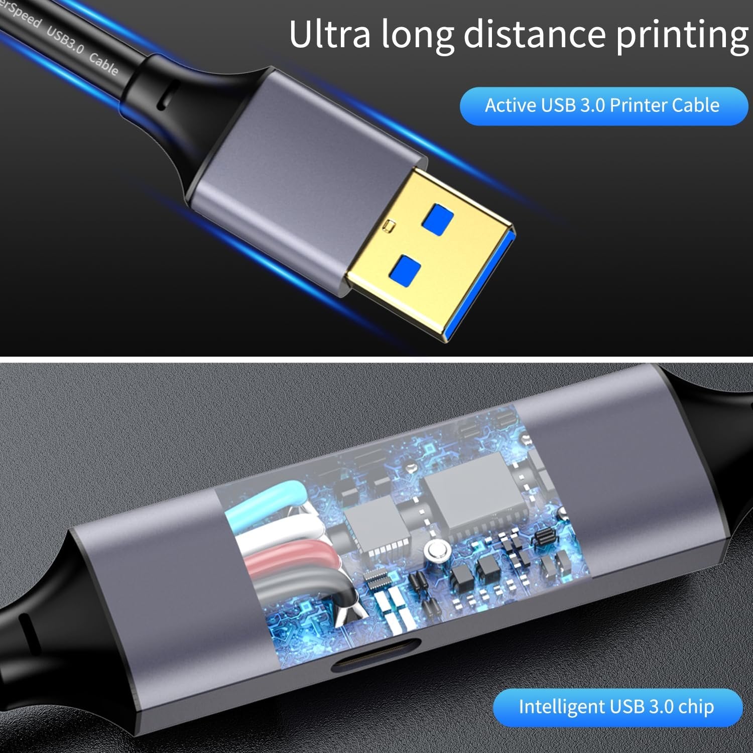 NÖRDIC USB 3.0 Aktiivinen Tulostinkaapeli - 5m USB A USB B 3.0 Yhteensopiva tulostimen, konferenssikameran, telakointiaseman, kiintolevyn ja muiden kanssa