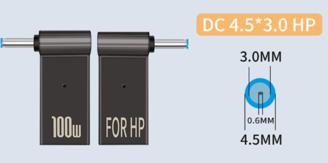 NÖRDIC USB-C–kannettavan lataussovitin, USB-C–DC-liitin, 100W PD, DC 4,5×3,0 mm HP-kannettaville