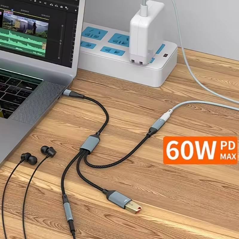 NÖRDIC USB-C-jakaja 1:stä 3:een, 1xUSB-A 1xUSB-C PD60W 1x3,5mm kuulokeliitäntä OTG-kaapeli