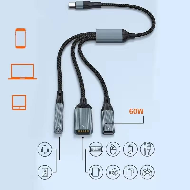 NÖRDIC USB-C-jakaja 1:stä 3:een, 1xUSB-A 1xUSB-C PD60W 1x3,5mm kuulokeliitäntä OTG-kaapeli