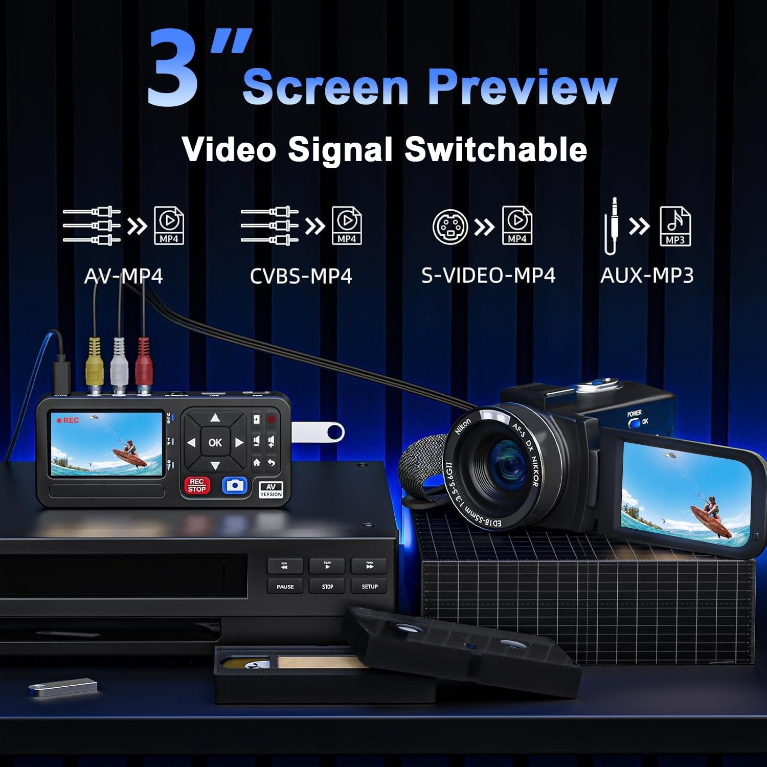 Digitaalinen tallennin VHS-nauhoilta, videonauhuri, DVR, DVD, Hi8, DV-soitin, RCA, CVBS, TV-laatikko, videokamera, pelikonsoleista USB:lle tai MicroSD-kortille