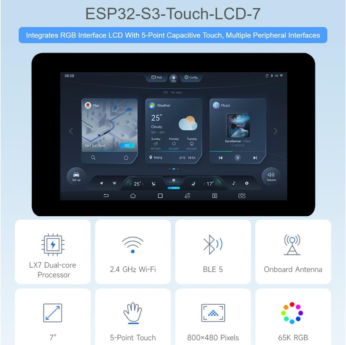 Waveshare 7 inch ESP32-S3 Capacitive Touch Display Development Board 800 x 480 65k RGB 7 Inch LCD Screen, 5-Point Touch, Supports WiFi and Bluetooth