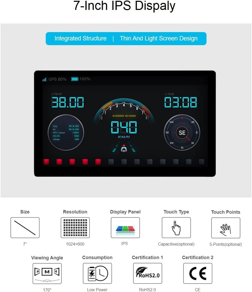 Waveshare 7 tuuman HDMI-näyttö Kosketusnäyttö LCD 1024 x 600 IPS Tukee Kaikkia Raspberry Pi -versioita Windows-näyttö