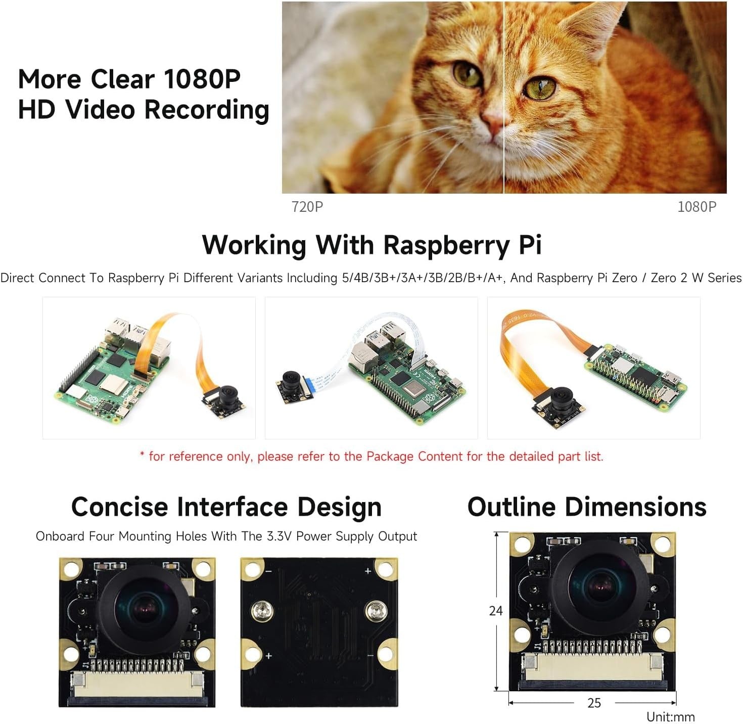 Waveshare Raspberry Pi Camera Module Kit 1080p kalansilmäobjektiivilla ja laajemmalla kuva-alalla kaikille Raspberry Pi -versioille