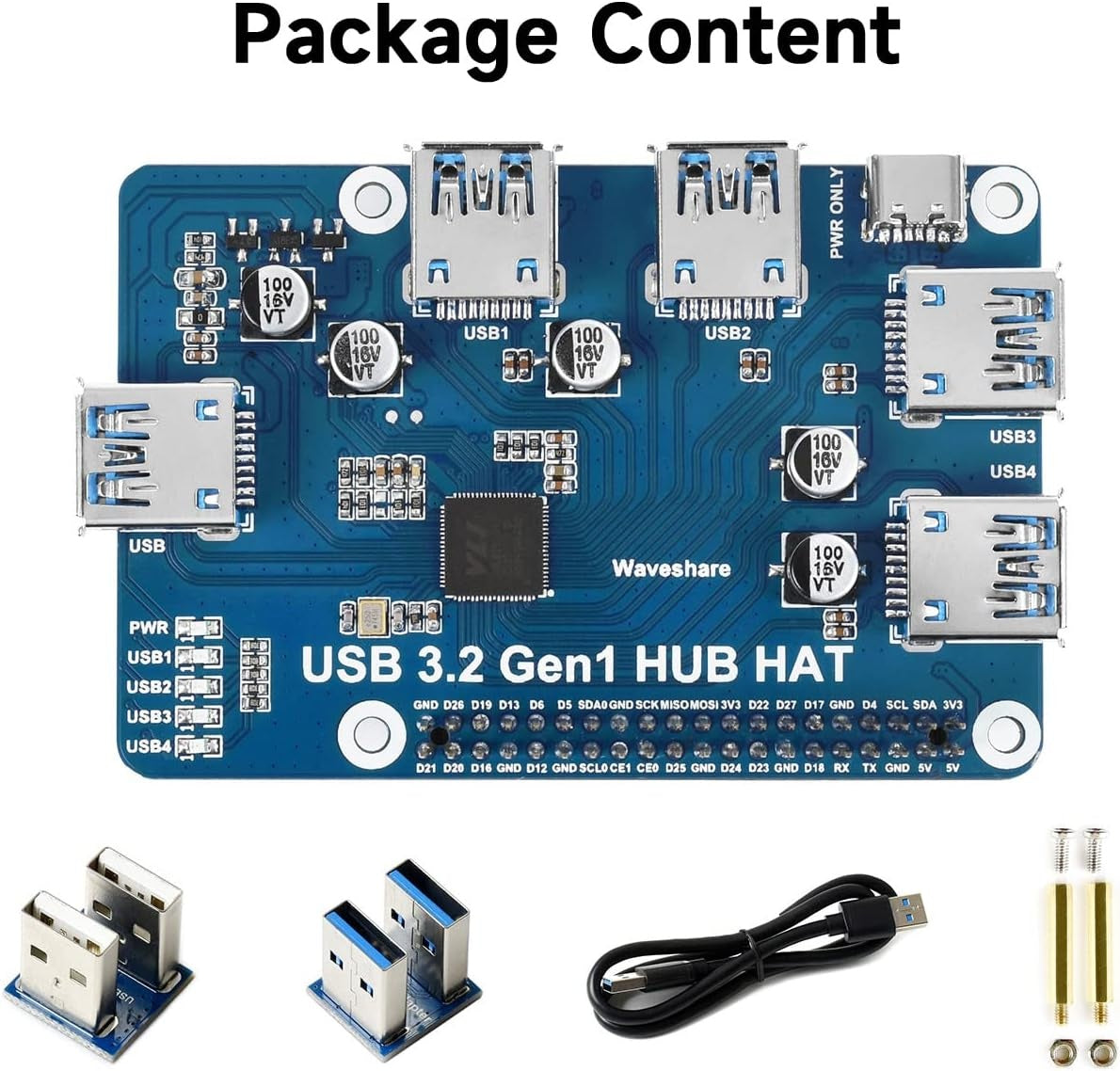 Waveshare USB 3.2 Gen1 HUB HAT Raspberry Pi 4:lle, 4x USB 3.2 Gen1 -porttia, jopa 5 Gbps